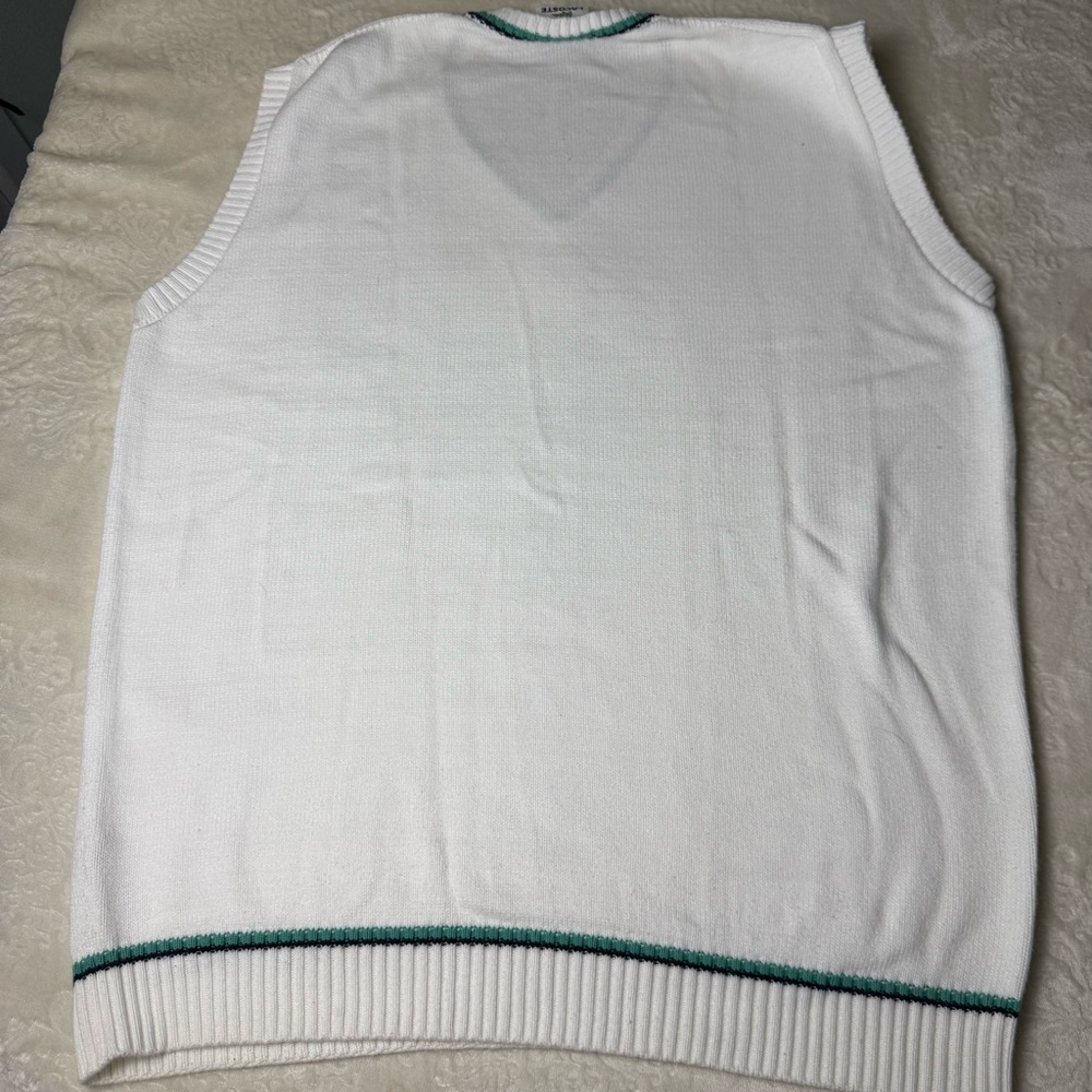 Lacoste White V-Neck Cable Knit Sweater Vest with Green Trim - Picture 3 of 4